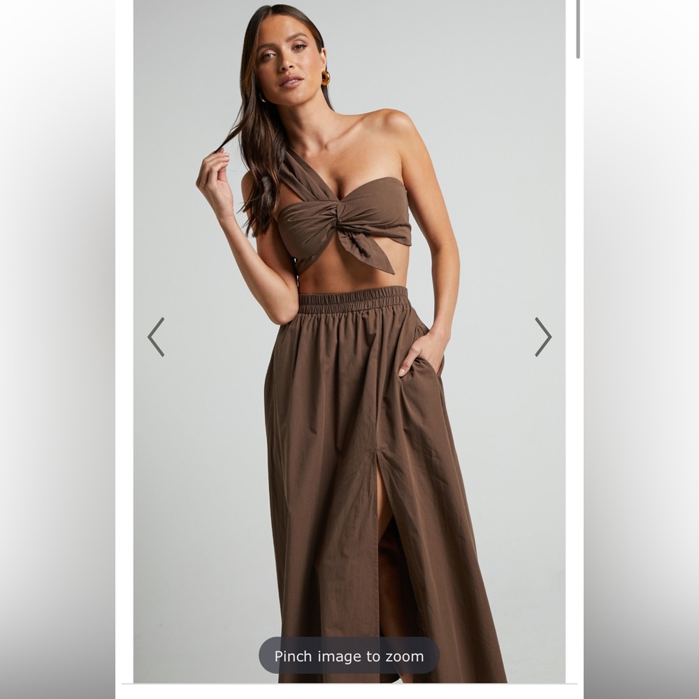 Showpo Chocolate Brown Two-Piece Skirt Set - Knotted Bandeau & High-Slit Maxi